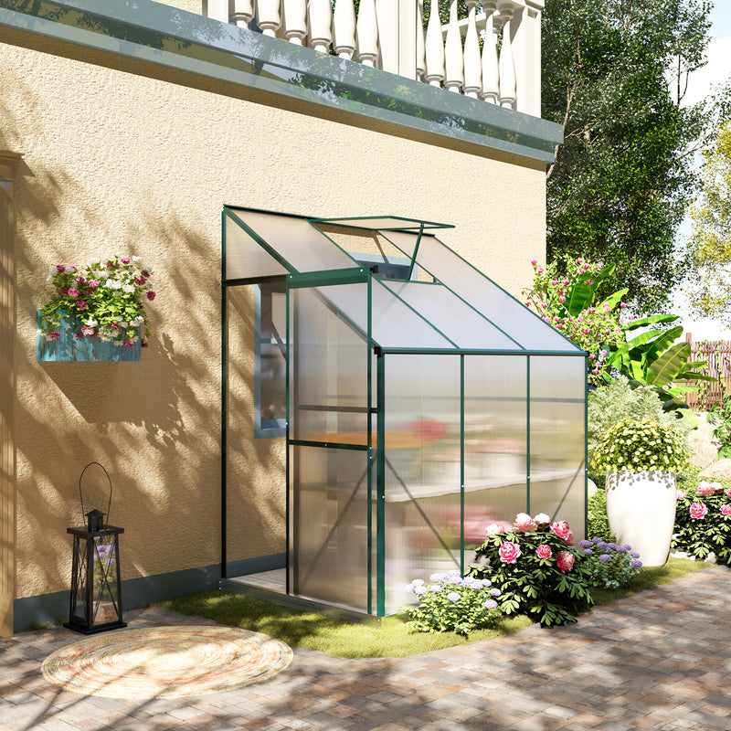 Walk-In Lean to Greenhouse Garden Heavy Duty Aluminium Polycarbonate with Roof Vent for Plants Herbs Vegetables, Green, 192 x 127 x 220 cm