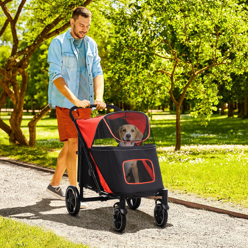 Pet Stroller with Universal Front Wheels, Shock Absorber, One Click Foldable Dog Cat Carriage with Brakes, Storage Bags, Mesh Window Red