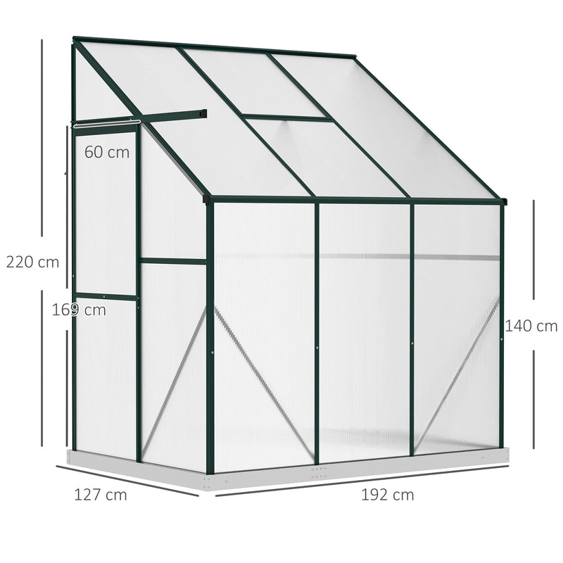 Walk-In Lean to Greenhouse Garden Heavy Duty Aluminium Polycarbonate with Roof Vent for Plants Herbs Vegetables, Green, 192 x 127 x 220 cm