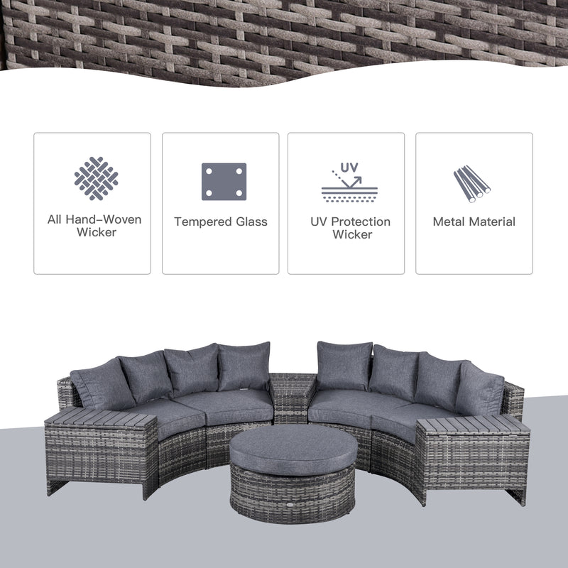 4-Seater Outdoor PE Rattan Wicker Sofa Set Half Round Conversation w/ 1 Umbrella Hole Side Table and 2 Storage Side Tables Grey