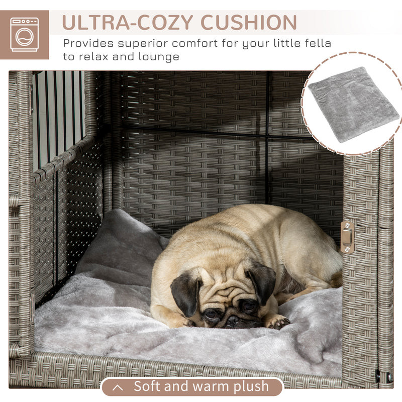 Wicker Dog Cage, Dog Crate with Lockable Door and Soft Washable Cushion for Small Sized Dogs, 62 x 59 x 66 cm, Grey