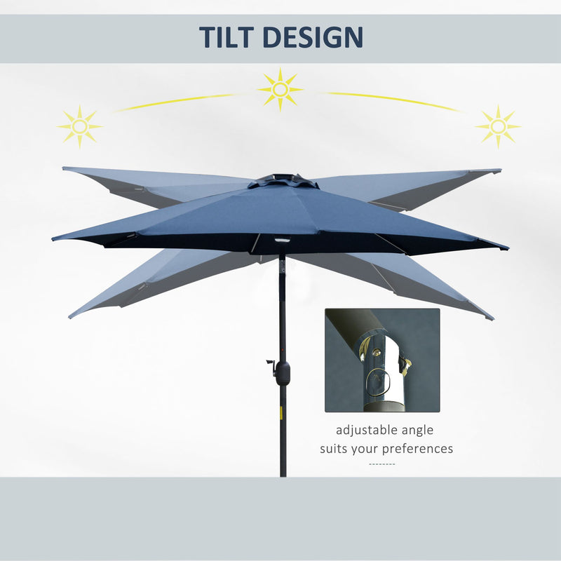 2.7m Garden Parasol Sun Umbrella Patio Summer Shelter w/ LED Solar Light, Angled Canopy, Vent, Crank Tilt, Blue