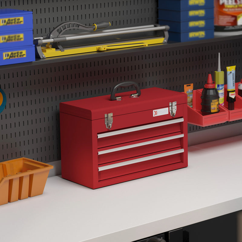 Lockable Metal Tool Box, 3 Drawer Tool Chest with Latches, Handle, Ball Bearing Runners, Red