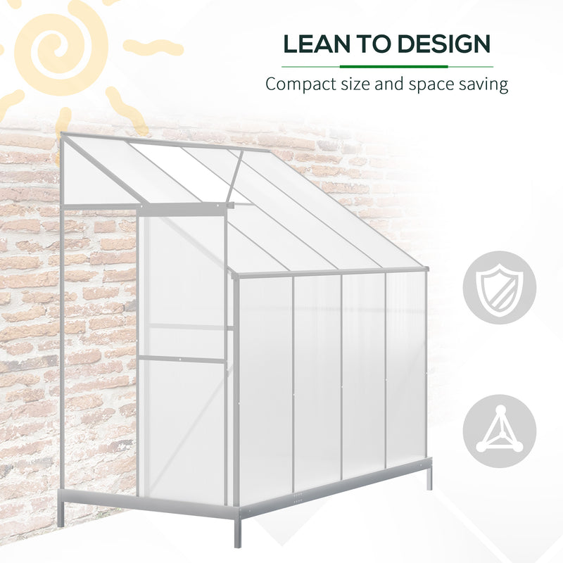 Walk-In Lean to Greenhouse Garden Heavy Duty Aluminium Polycarbonate with Roof Vent for Plants Herbs Vegetables, Silver, 253 x 127 x 220 cm