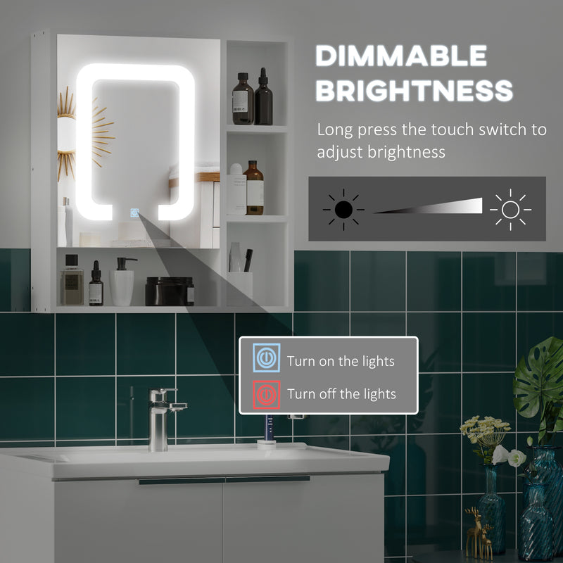 LED Illuminated Bathroom Mirror Cabinet, Wall-mounted Storage Organizer with Four Open Shelves, Dimmable Touch Switch, White