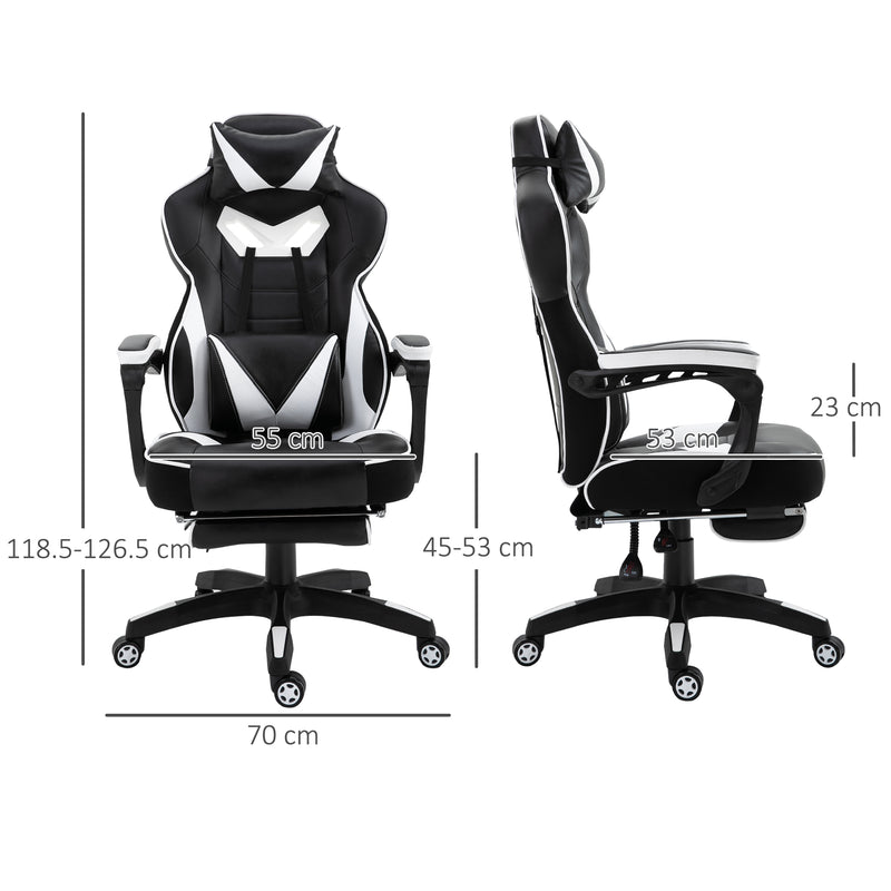 Ergonomic Racing Gaming Chair Office Desk Chair Adjustable Height Recliner with Wheels, Headrest, Lumbar Support, Retractable Footrest White