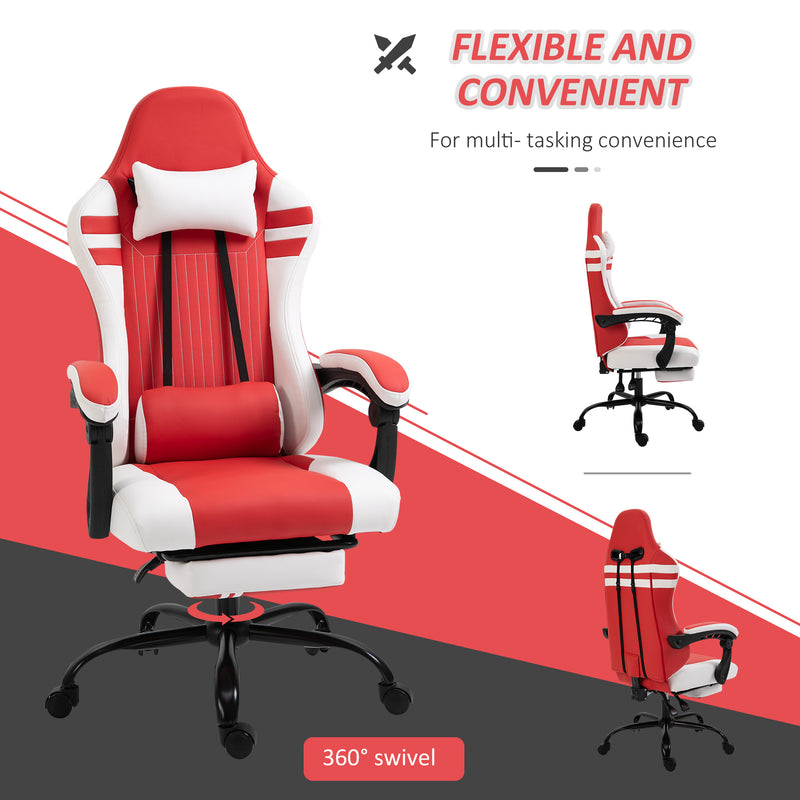 PU Leather Gaming Chair w/ Headrest, Footrest, Wheels, Adjustable Height, Racing Gamer Recliner, Red White