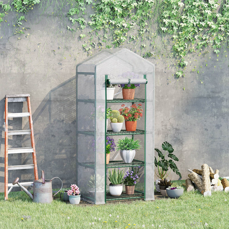 4 Tier Mini Greenhouse, Portable Green House with Steel Frame, PE Cover, Roll-up Door, 70 x 50 x 160 cm, White