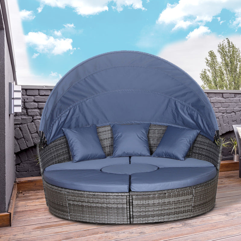 6-Seater Rattan Sofa Bed Garden Furniture Cushioned Wicker Round Sofa Bed with Coffee Table Patio Conversation Furniture Set - Grey