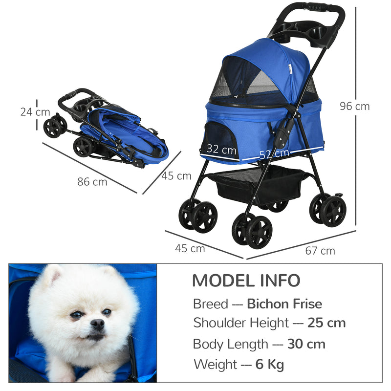 Pet Stroller Dog Cat Travel Pushchair One-Click Fold Trolley Jogger with EVA Wheels Brake Basket Adjustable Canopy Safety Leash Blue