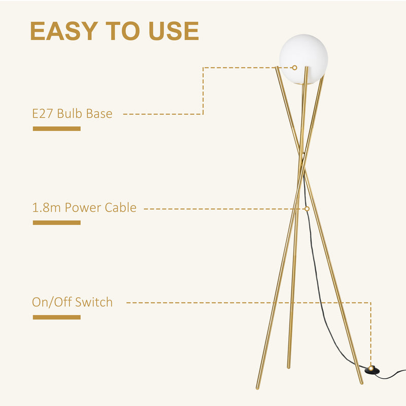 Tripod Floor Lamp with Globe Lampshade, Modern Standing Light with Foot Switch, E27 Base for Living Room, Bedroom, Gold and White