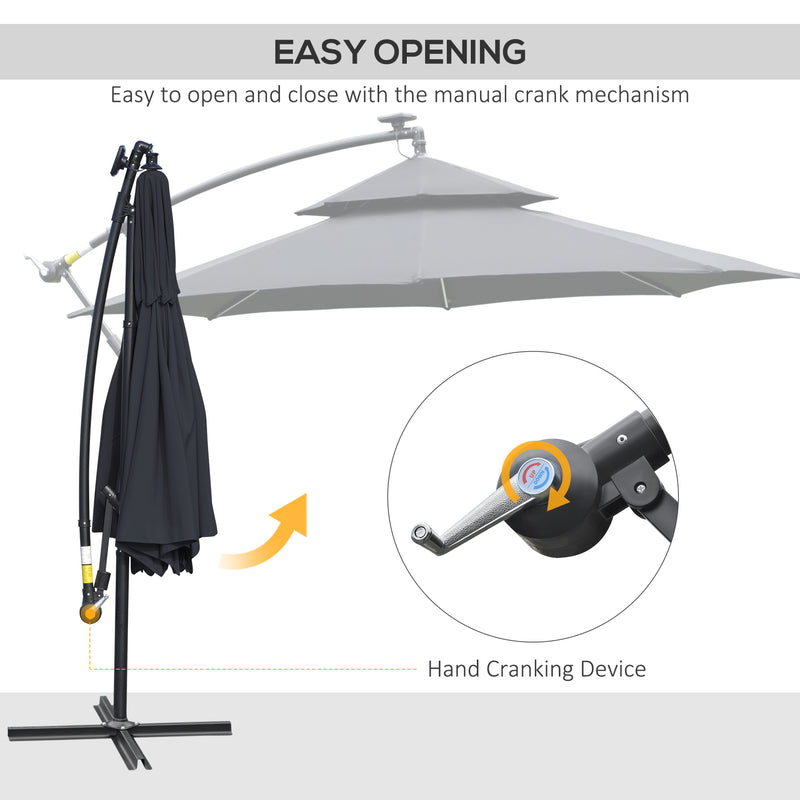 3(m) Cantilever Banana Parasol Hanging Umbrella with Double Roof, LED Solar lights, Crank, 8 Sturdy Ribs and Cross Base, Black