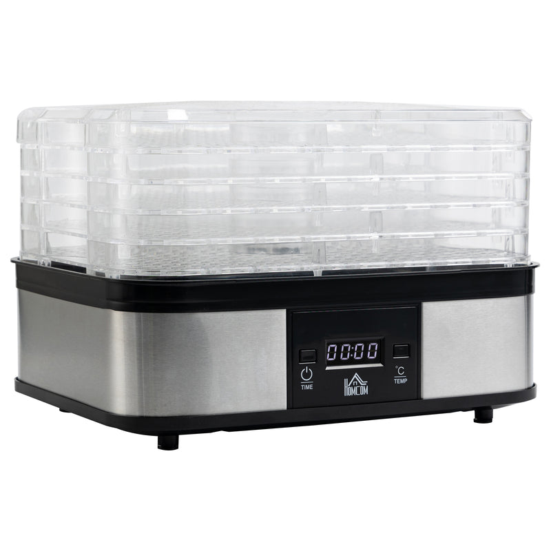5 Tier Food Dehydrator, 245W Stainless Steel Food Dryer Machine with Adjustable Temperature, Timer and LCD Display for Drying Fruit, Silver