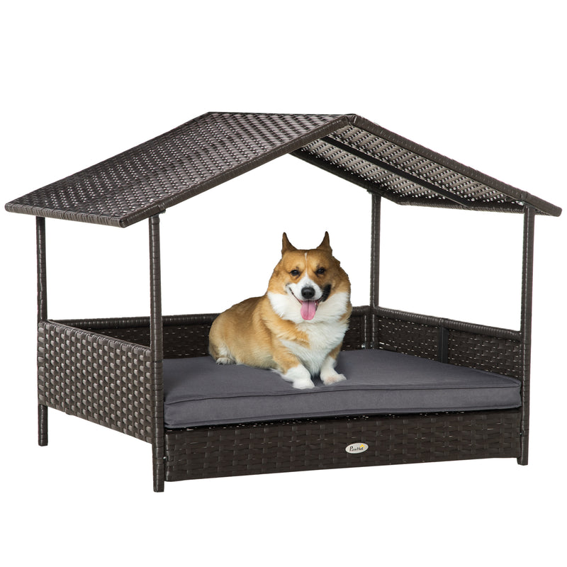 Wicker Dog House, Rattan Pet Bed with Soft Cushion, Canopy, Cat House with Anti-slip Pads, Grey, 98 x 69 x 73 cm