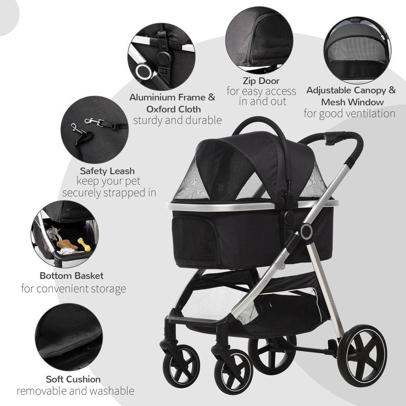 3 in 1 Foldable Dog Pushchair, Detachable Travel Stroller w/ EVA Wheels, Adjustable Canopy, Safety Leash, Cushion, for Small Pets - Black