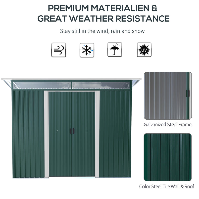 Pent Roofed Metal Garden Shed House Hut Gardening Tool Storage w/ Ventilation 260L x 133W x 200Hcm