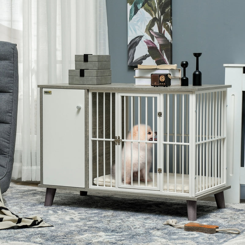 Dog Crate Furniture, Indoor Pet Kennel Cage, Top End Table w/ Soft Cushion, Lockable Door, for Small Dogs, 98 x 48 x 70.5 cm - Grey