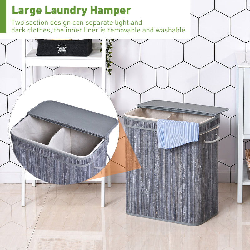 100L Wooden Laundry Basket w/ Split Compartment Lid Removable Lining Handles Air Holes Ventilation Durable Water-Resistant Clothes Storage Grey