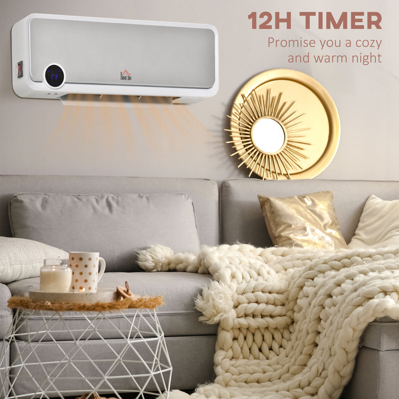Wall Mounted Downflow Ceramic Heater with 12 Hour Timer, Remote, Overheat Protection for Home and Office, 1000W/2000W, White