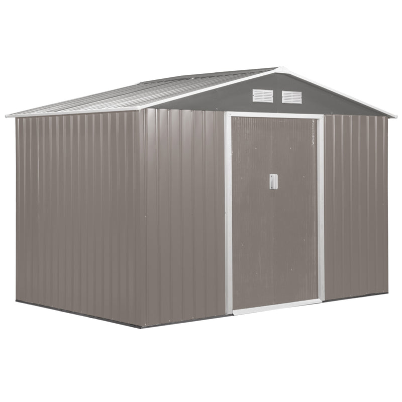 9 x 6 ft Metal Garden Storage Shed Sloped Roof Tool House with Foundation Ventilation & Double Door, Grey
