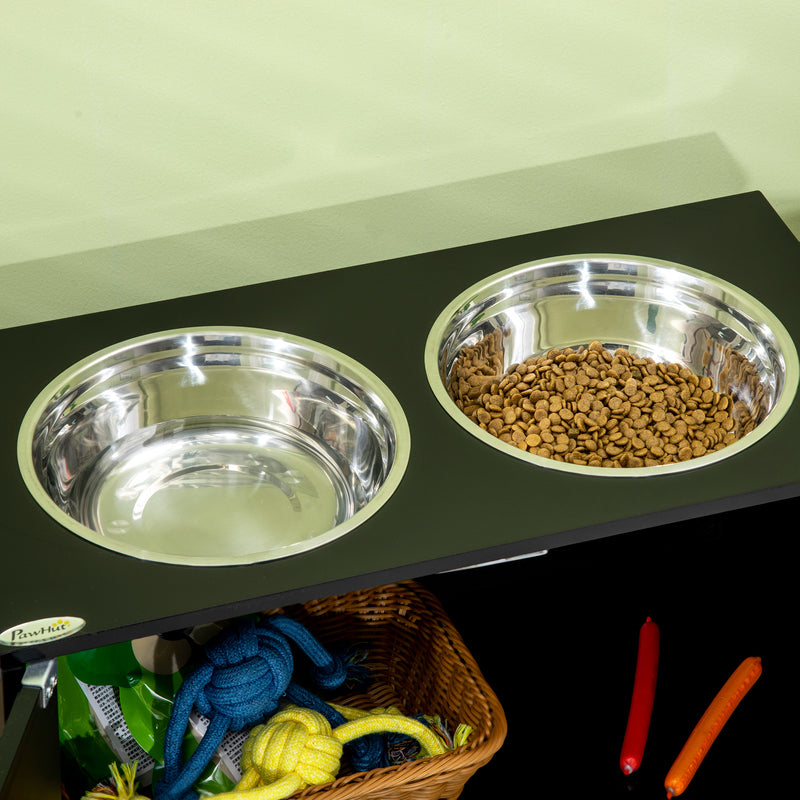 Raised Dog Bowls for Large Dogs Pet Feeding Station with Stand, Storage, 2 Stainless Steel Food and Water Bowls, Black, 60 x 30 x 35.5 cm
