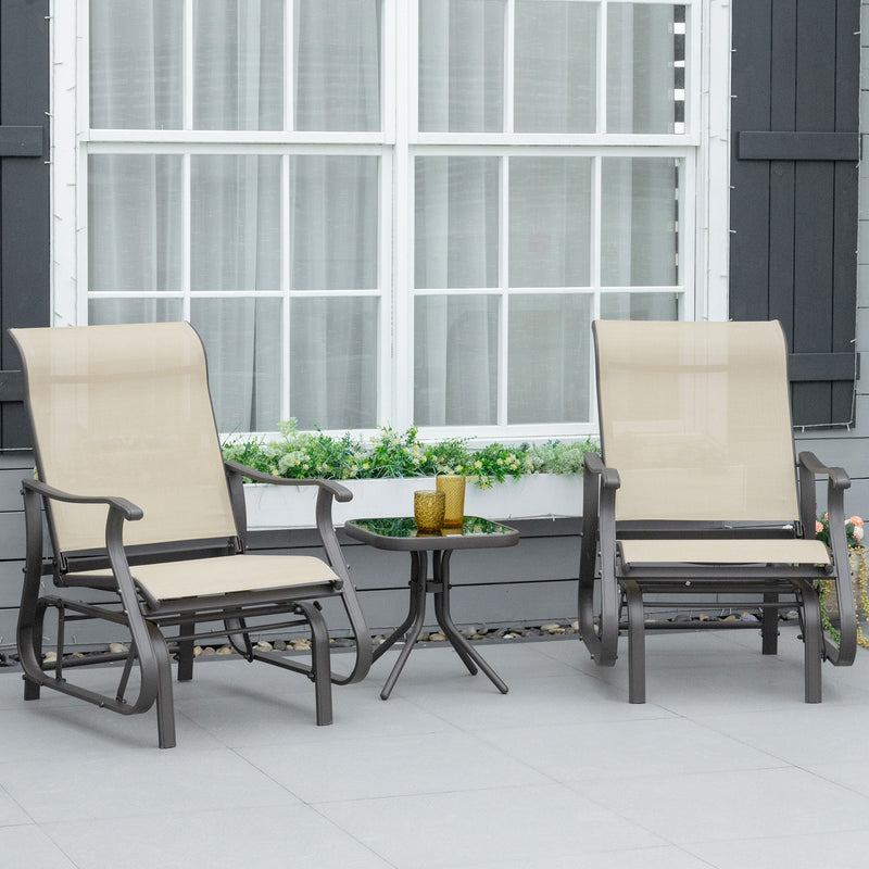 Set of 3 Gliding Chair & Tea Table Set, Outdoor Rocker Set with 2 Armchairs, Tempered Glass Tabletop, Khaki