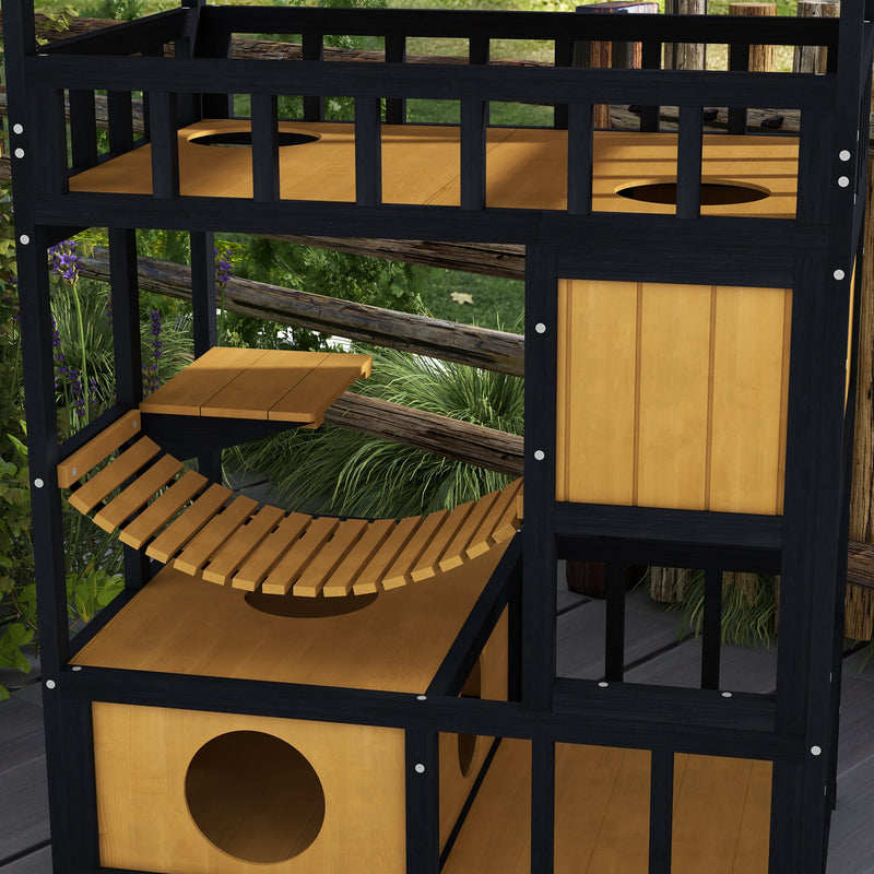 Outdoor Cat Shelter, Four-Tier Wooden Feral Cat House, with Suspension Bridge, Cat Houses, Balcony, Escape Doors
