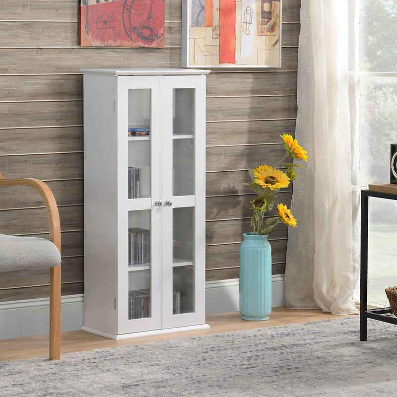 Media Cabinet - Holds up to 100 CDs, 4-Tier CD Storage Unit, Modern Bookcase with Magnetic Doors and Wide Base for Home, White