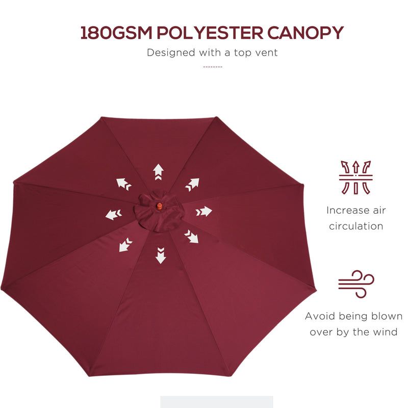 ⌀3m Bamboo Wooden Market Patio Umbrella Garden Parasol Outdoor Sunshade Canopy, 8-ribs,Wine Red