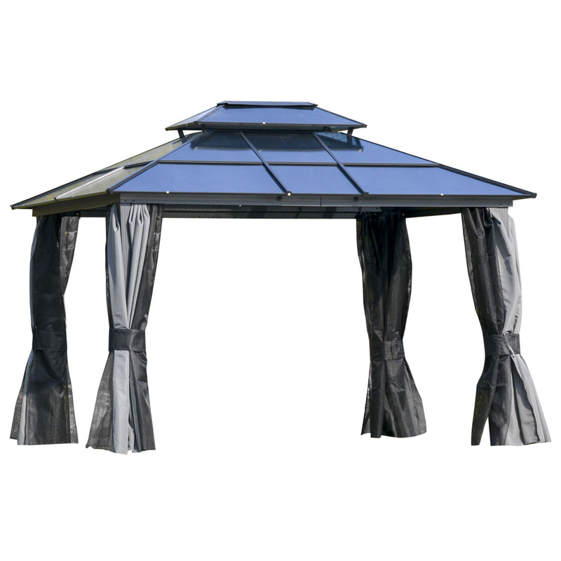3.6 x 3(m) Polycarbonate Hardtop Gazebo Canopy with Double-Tier Roof and Aluminium Frame, Garden Pavilion with Mosquito Netting and Curtains