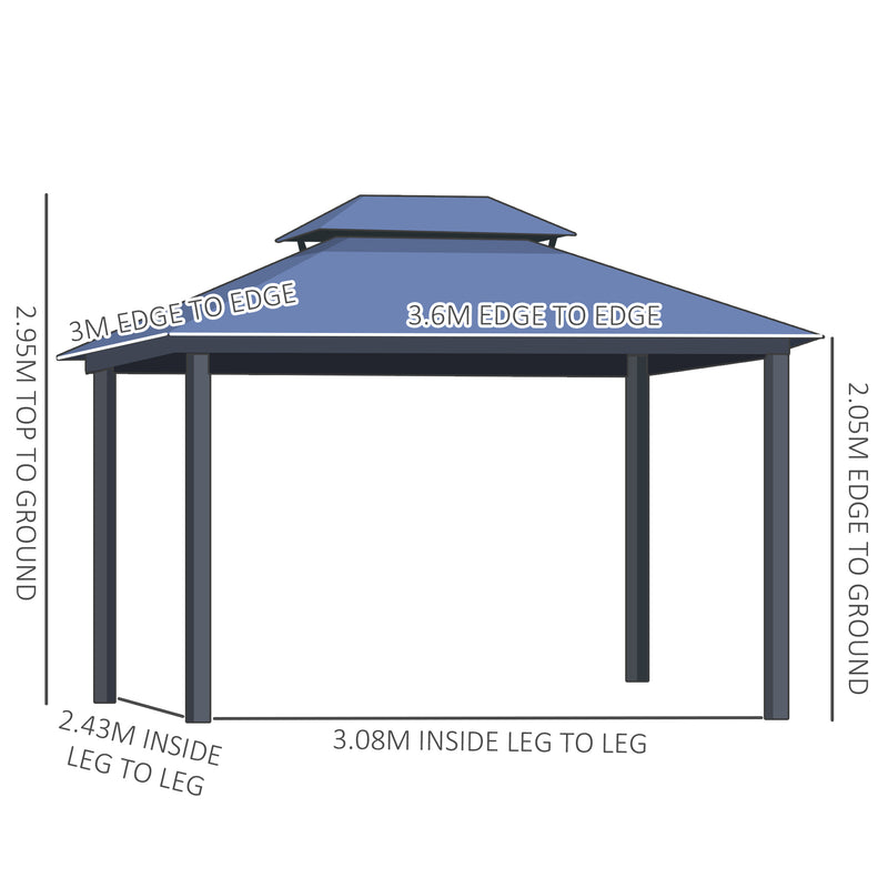 3.6 x 3(m) Polycarbonate Hardtop Gazebo Canopy with Double-Tier Roof and Aluminium Frame, Garden Pavilion with Mosquito Netting and Curtains