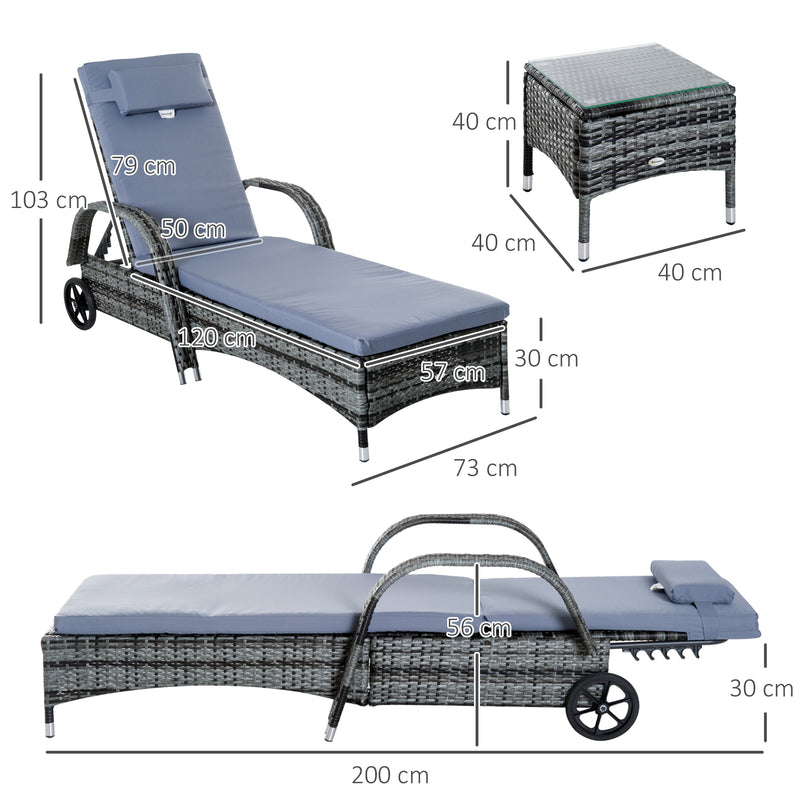 3 Pieces Rattan Sun Loungers, Garden Wicker Wheeling Recliner , PE Rattan Lounge Chairs w/ Cushions & Side Coffee Table Grey