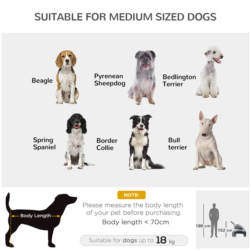 Pet Stroller for Medium Dogs Cat Pushchair Buggy Pram with 4 Wheels Safety Leash Zipper Doors Mesh Windows Storage Bag, Grey