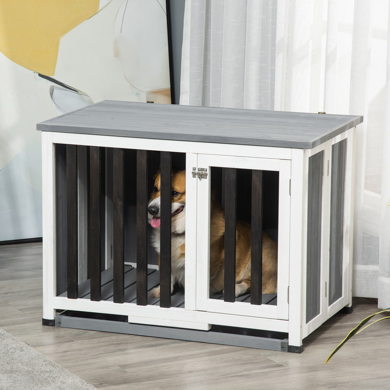 Wooden Dog Crate Folding Pet Kennel Cage End Table with Removable Tray for Medium and Small Dogs Grey 84.5 x 51.4 x 61 cm