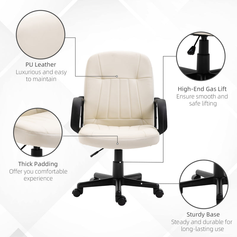 Swivel Executive Office Chair Home Office Mid Back PU Leather Computer Desk Chair for Adults with Arm, Wheels, Cream