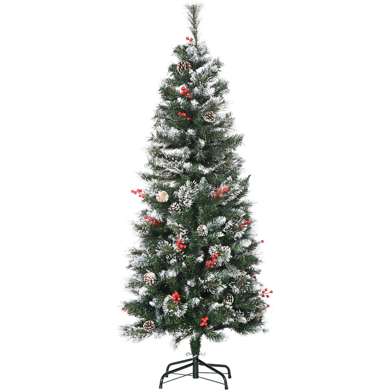 5 Foot Snow Dipped Artificial Christmas Tree Slim Pencil Xmas Tree with 402 Realistic Branches, Pine Cones, Red Berries, Auto Open, Green