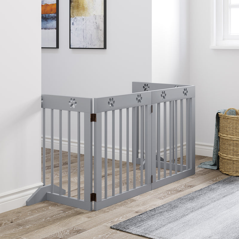 Pet Gate 4 Panel Wooden Dog Barrier Freestanding Folding Safety Fence with Support Feet up to 204cm Long 61cm Tall Light Grey