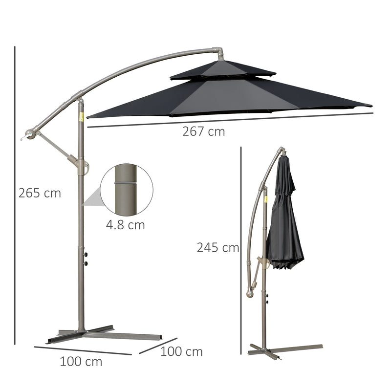 2.7m Banana Parasol Cantilever Umbrella with Crank Handle , Double Tier Canopy and Cross Base for Outdoor, Hanging Sun Shade, Black