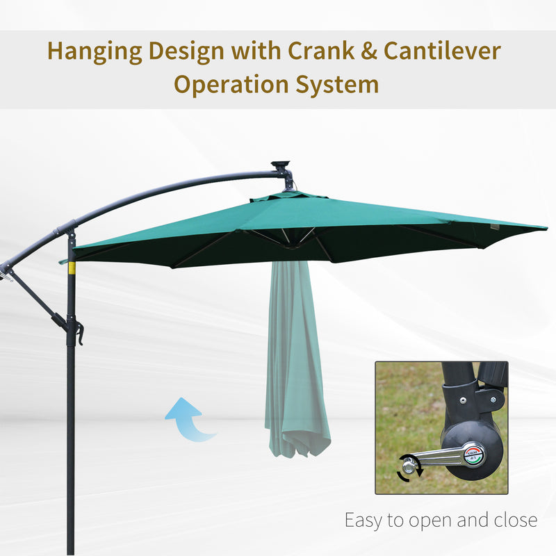 3m LED Cantilever Patio Banana Parasol w/ Crank Cross Base Hanging Offset Umbrella Frame Steel Aluminium Garden Table Outdoor Green