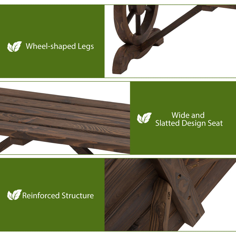 Garden Rustic Wooden Bench Wheel-Shaped Legs Slatted Seats Stable Reinforced Structure Outdoor Patio Garden 2-Person Bench Seat - Brown