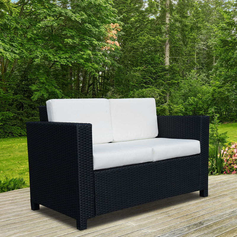 Garden Rattan Sofa 2 Seater Outdoor Garden Wicker Weave Furniture Patio 2-Seater Double Couch Loveseat Black