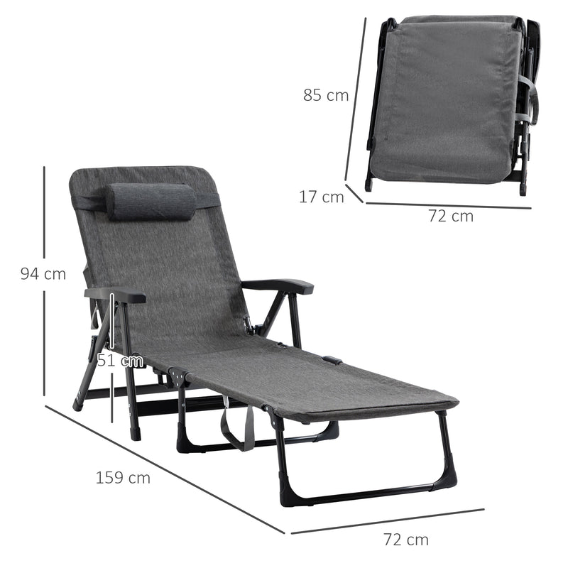 Garden Lounger, Mesh Fabric Lounge Chair, 7-Reclining Position Sleeping Bed w/ Pillow & Cup Holder or Poolside, 94H x 72W x 159D, Dark Grey
