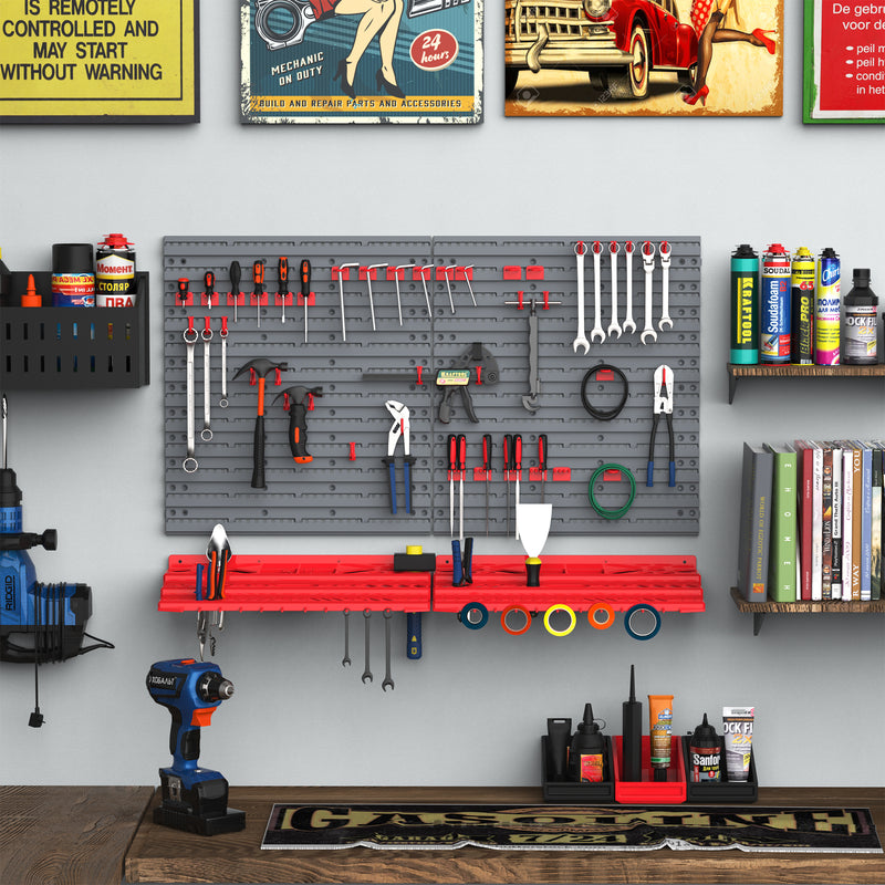 54 Pcs On-Wall Tool Organizer Wall Equipment Holding Pegboard Home DIY Garage Organiser DIY w/ 50 Pegs 2 Shelves