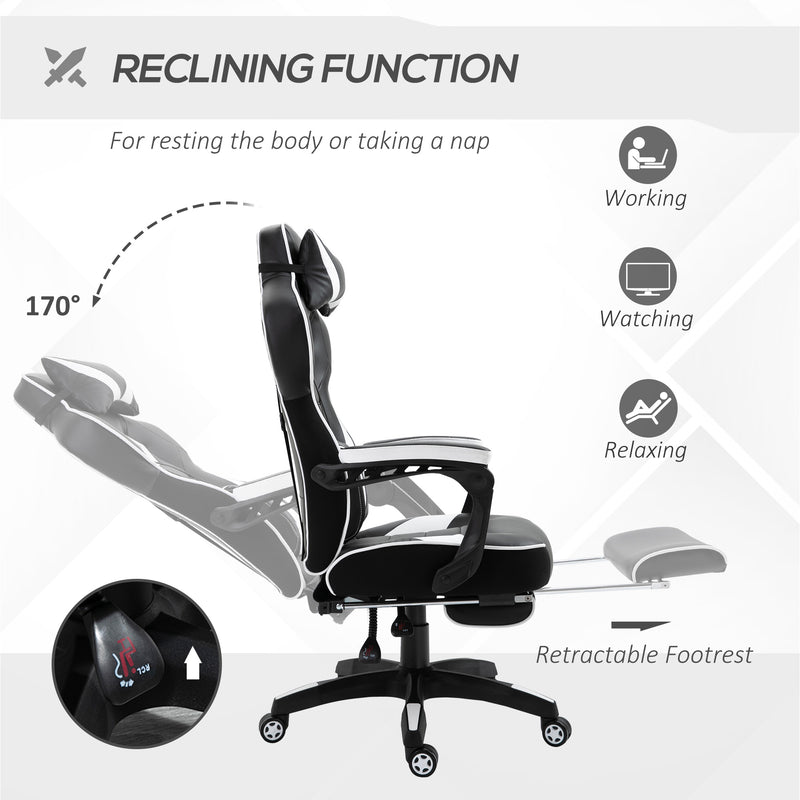 Ergonomic Racing Gaming Chair Office Desk Chair Adjustable Height Recliner with Wheels, Headrest, Lumbar Support, Retractable Footrest White