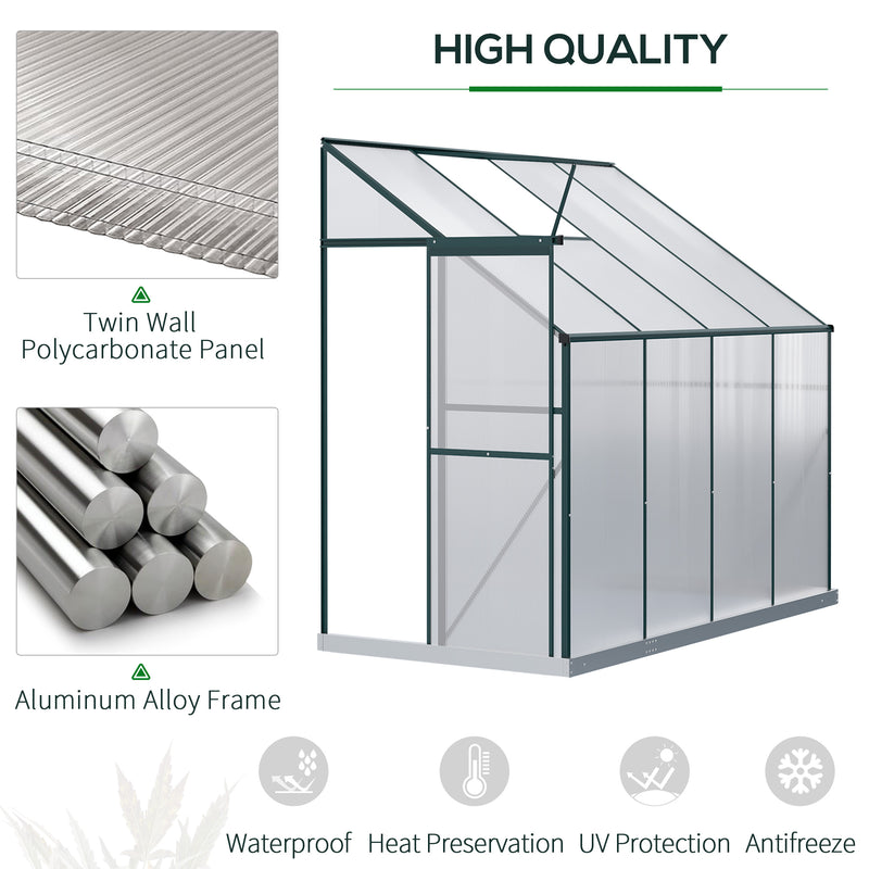 Walk-In Greenhouse Lean to Wall Greenhouse Garden Heavy Duty Aluminium Polycarbonate with Roof Vent for Plants, 253 x 127 x 220 cm