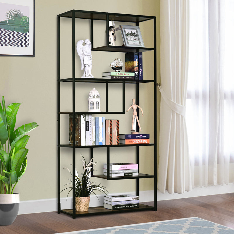 Wood Shelf Bookcase Industrial Style Stand 6-Staggered Shelf Living Room Display Rack Organiser