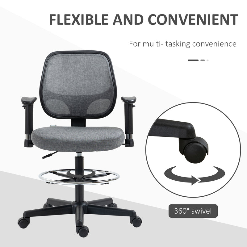Drafting Chair Tall Office Fabric Standing Desk Chair with Adjustable Footrest Ring, Arm, Swivel Wheels, Grey