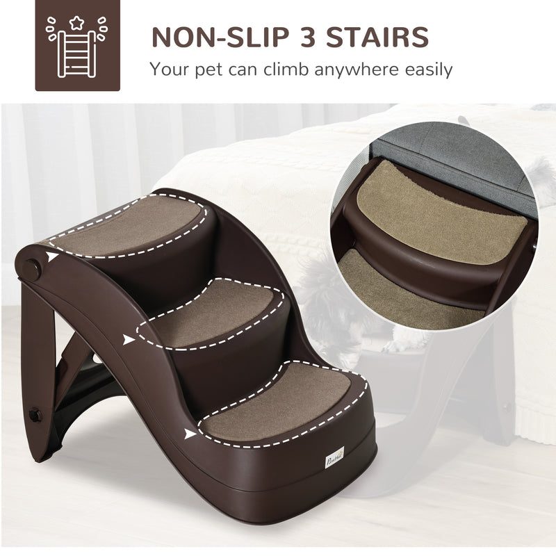 Foldable Pet Stairs Portable Dog Steps 3-Step Design with Non-slip Mats for High Beds, Sofas, 49 x 38 x 38 cm, Brown