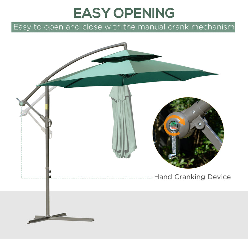 2.7m Banana Parasol Cantilever Umbrella with Crank Handle , Double Tier Canopy and Cross Base for Outdoor, Hanging Sun Shade, Green