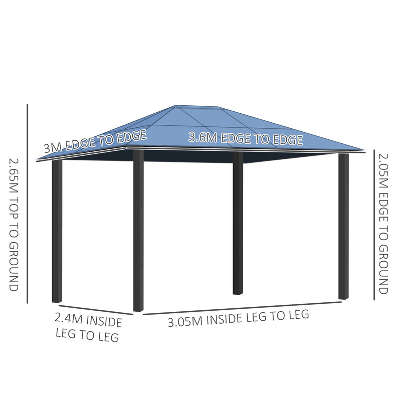 3.6 x 3(m) Polycarbonate Hardtop Gazebo with LED Solar Light and Aluminium Frame, Garden Pavilion with Mosquito Netting and Curtains